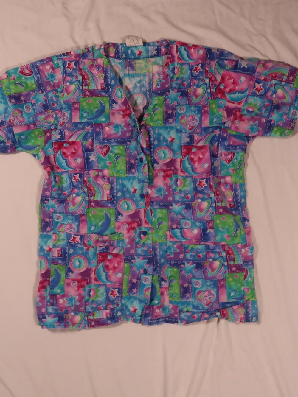 Colorful Space Patchwork Scrub Top - Stars, Planets & Hearts Pink, blue, green